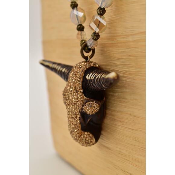 Vintage Crystal Bull Horn Necklace Pendant Iridescent Glass Beaded Chunky Bin6B - Picture 9 of 11